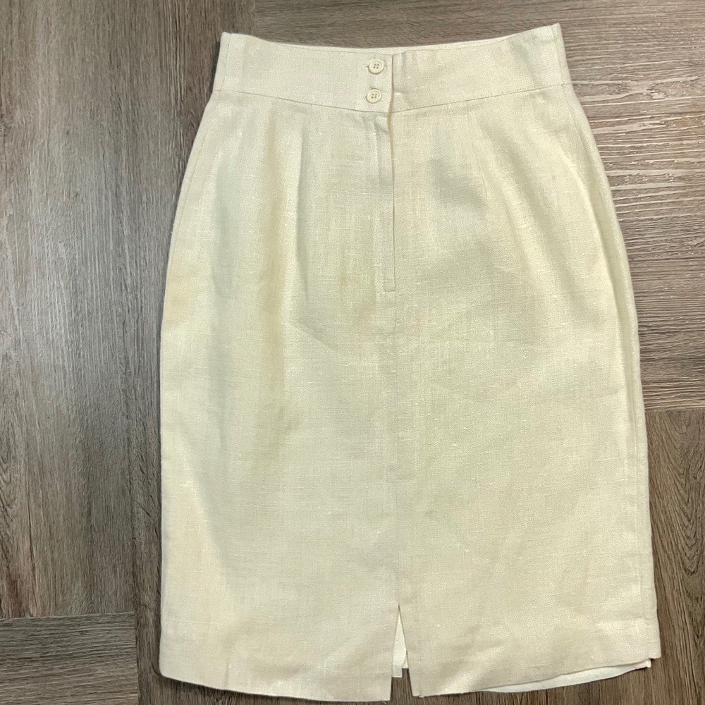 Vintage High Waist Linen Midi Classic Straight Pencil Skirt Womens‎ 4 Ivory - Picture 2 of 7
